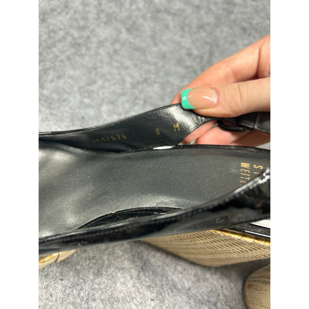Stuart Weitzman Womens Slingback Wedge 8 Black Patent Leather Bamboo Detail - Picture 3 of 8